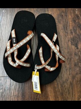 Teva Women's Black Sandals with Brown Patterned Straps